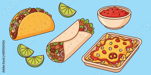 Mexican food illustration with taco, burrito, nachos, salsa, lime wedges, festive cuisine clipart, spicy snack set, flat vector illustratio