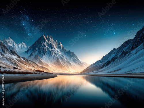 Snowy mountains at night