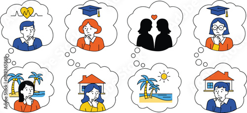 People thinking about life goals, cartoon characters with thought bubbles, dreams and aspirations concept, personal vision, flat vector illustration