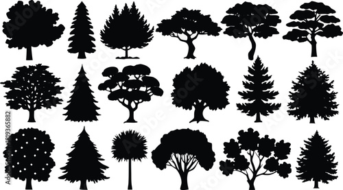 Diverse collection of tree silhouettes with various shapes representing different tree species.