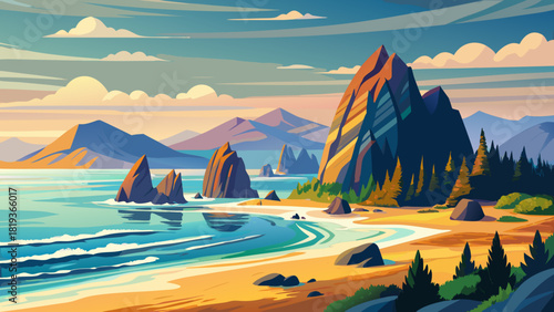 Very beautiful view of Cannon Beach featuring its wide sandy shoreline, gentle Pacific waves, and iconic sea stacks rising dramatically from the water under soft coastal light.