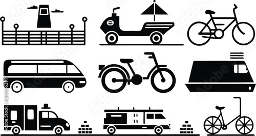 A collection of diverse black silhouette transportation icons for land, water, and two-wheeled travel