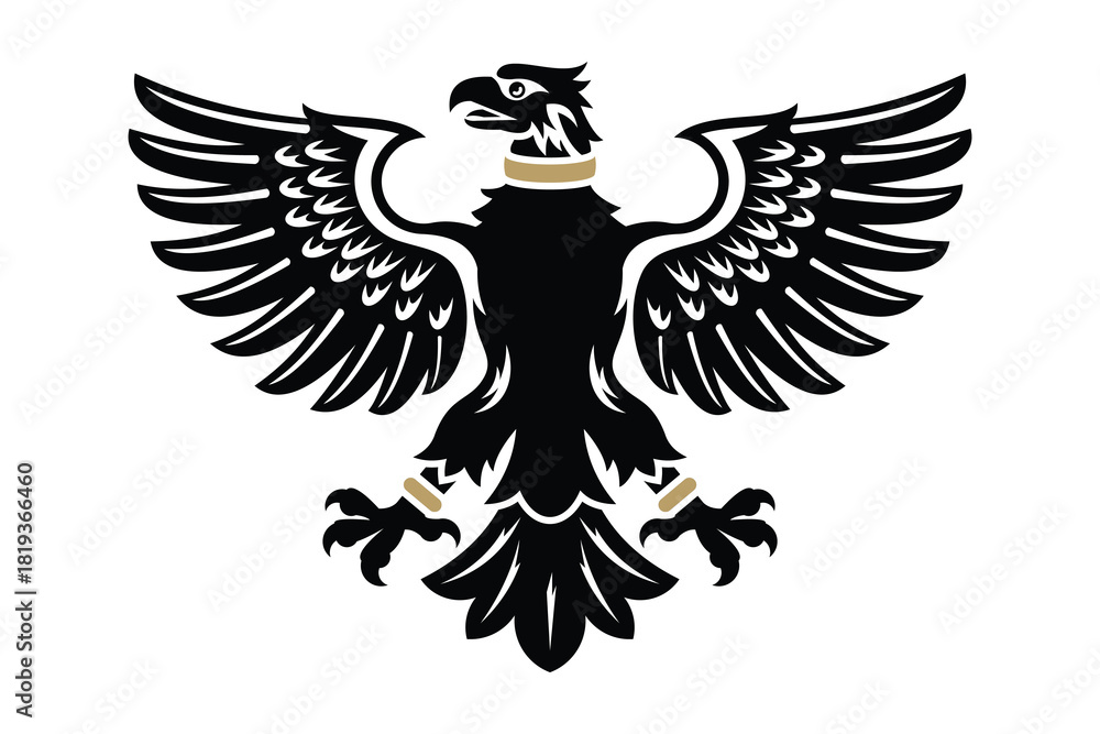 Obraz premium A majestic heraldic eagle with wide open wings and gold accents, illustrated in a bold emblem style. Perfect for insignias, crests, patriotic designs, and classic heraldry projects.