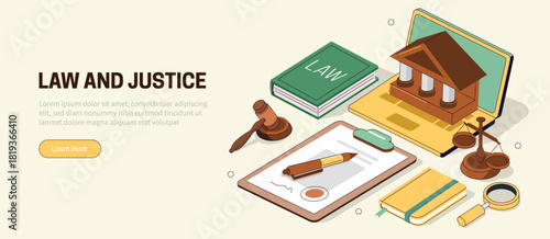 Banner with legal books, signed contract, laptop and other judicial system elements. Law and justice concept isometric illustration.
