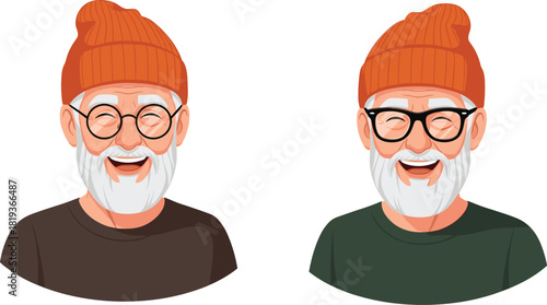 Smiling elderly man, white beard, orange beanie, cartoon character, laughing grandpa, glasses, happy senior, flat vector illustration