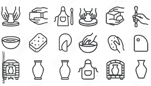 Pottery making process vector line icons set ceramic workshop