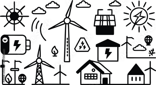 Sustainable energy vector icons: wind power, solar panels, green electricity, eco-friendly technology.