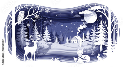 Winter forest scene with deer, owl, fox, rabbit, house, and snowy trees
