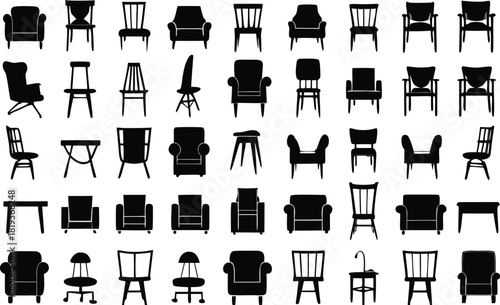 Diverse collection of black silhouettes of various chairs and tables creating a modern seamless pattern