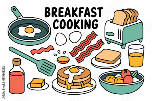 A collection of breakfast food items and cooking utensils is displayed.