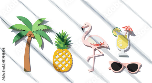 Tropical summer themed arrangement featuring flamingo pineapple and cocktail