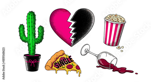 Illustration showing cactus, broken heart, popcorn, pizza, and spilled wine