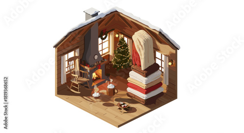 Isometric view of cozy christmas cabin interior with fireplace and tree