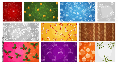 Collection of festive christmas themed backgrounds with varied patterns and colors