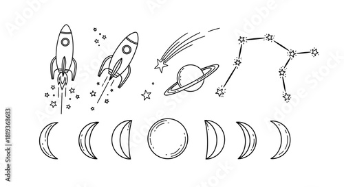 Doodle style space elements including rockets planets constellation and moon phases