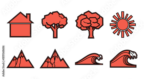 Illustration of house trees sun mountains and waves in red outline style