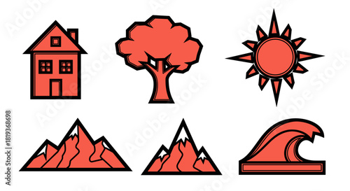 Illustration of house tree sun mountains and wave in red and black outline