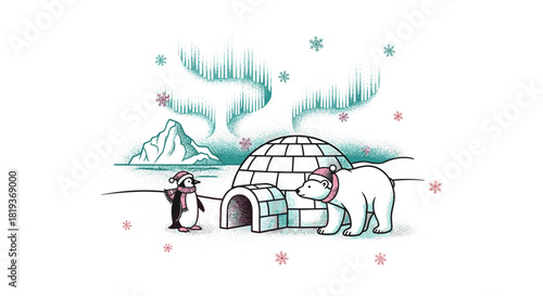 Illustration of a penguin and polar bear near an igloo under aurora borealis