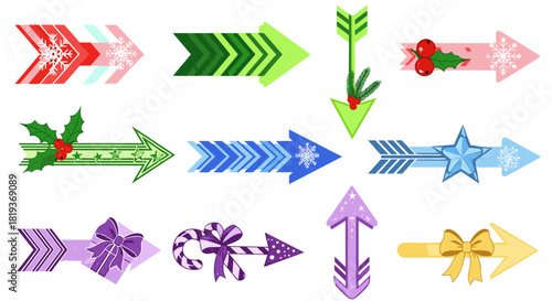 Collection of festive arrows decorated with christmas and winter themes
