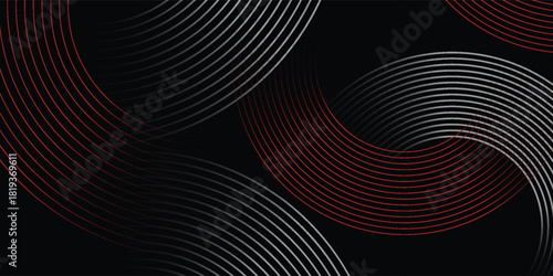 Abstract grey and red circle line vector on dark background. Modern simple overlap circle lines texture creative design. Suit for poster, cover, banner, flyer, brochure, presentation, website.eps10
