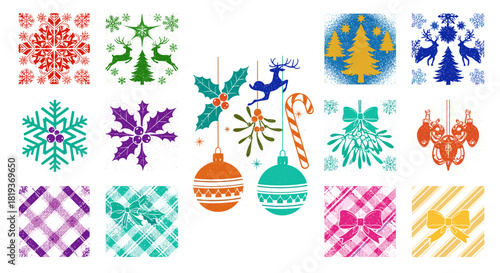 A collection of christmas themed illustrations featuring ornaments and plants
