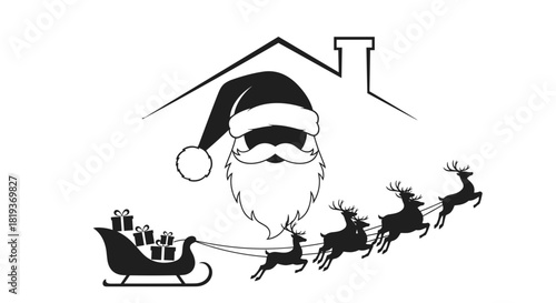 Illustration of santa claus with reindeer and sleigh under a house outline