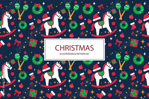 Rocking Horse Christmas Illustration Seamless Pattern — Holiday Toy with Wreaths, Gifts, Stars, and Festive Ornaments