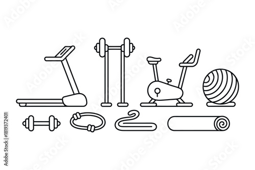 Various fitness equipment items are depicted in a line drawing.