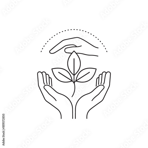 Hands protecting a plant, symbolizing environmental care, growth, and sustainability, isolated on