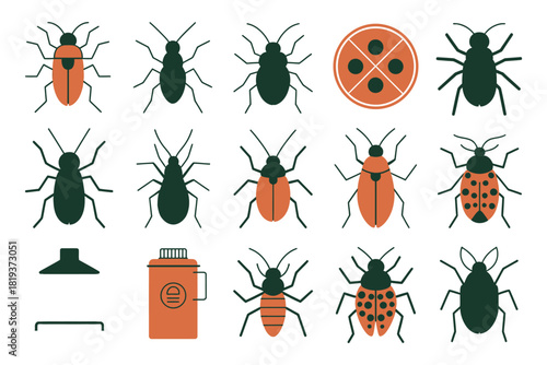 A collection of insects and pest control symbols are displayed in a grid.