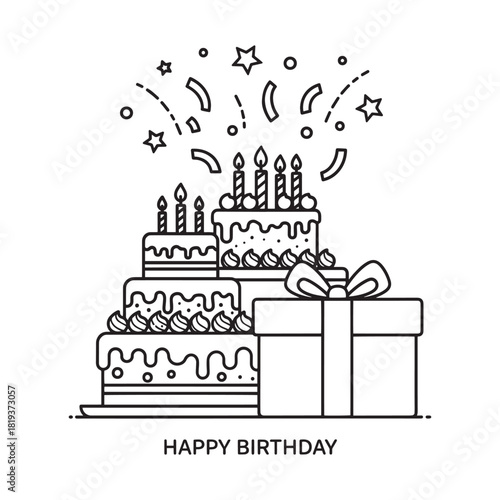 Happy birthday celebration with tiered cake, lit candles, falling confetti, and a wrapped gift box, isolated on