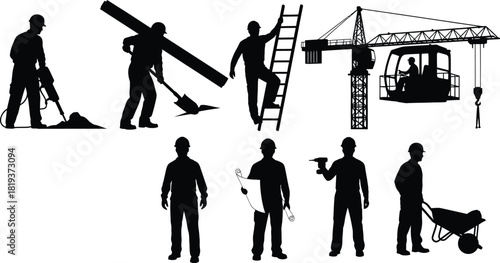 Silhouette of construction workers performing various tasks on a construction site