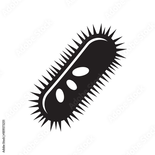 Black and white illustration of a bacterium with spiky flagella, isolated on