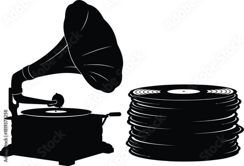 Silhouette of a vintage gramophone with a stack of vinyl records