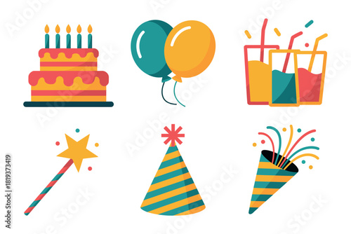 A collection of party items including cake, balloons, drinks, a wand, a hat, and a noisemaker.