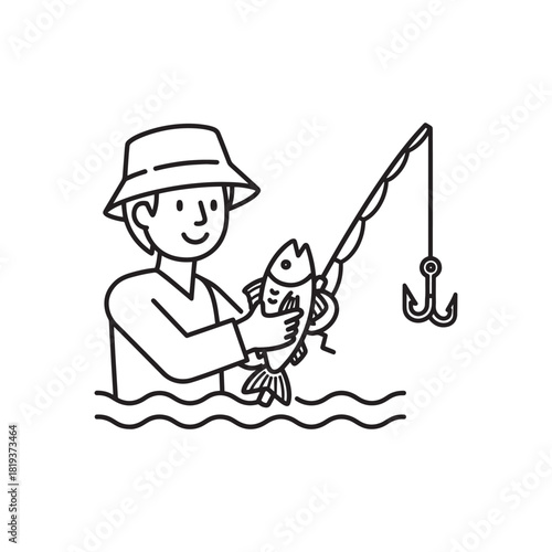 A simple line art illustration of a happy person fishing, holding a freshly caught fish with a fishing rod and hook in the water