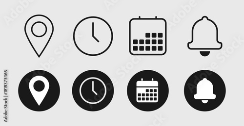 Date, time, and location icons in clean minimal vector style, suitable for UI, app, web, and digital interface design projects with scalable modern graphics.