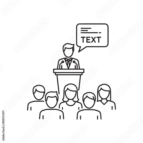 Public speaker at a podium giving a presentation to an audience, line art illustration isolated on