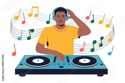 DJ wearing headphones mixes music on a turntable with colorful musical notes swirling around