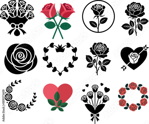 Set of floral elements with rose flowers and hearts in a decorative vector style