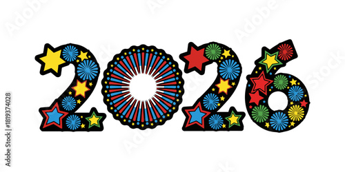Festive 2026 Typography Filled with Stars and Fireworks - New Year Vector