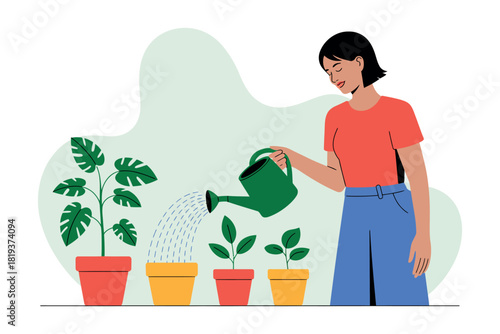 A woman waters houseplants with a watering can, tending to her plants.