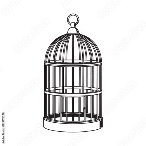 Empty birdcage line art drawing, vintage decorative cage for birds, isolated on