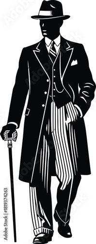 Silhouette of an elegant gentleman in a long coat and hat holding a cane