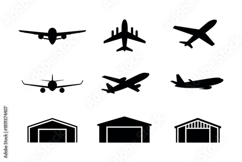 Silhouettes of airplanes and hangars are displayed in a grid.