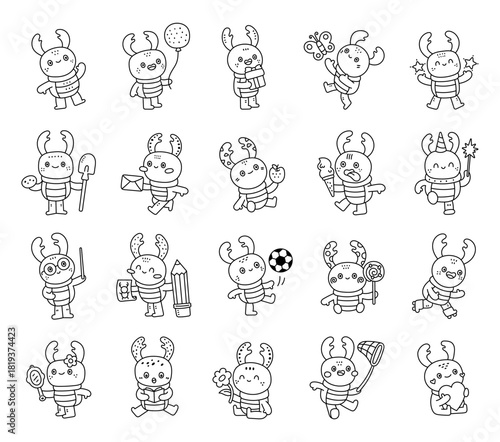 Rhino beetle character set in outline line art showing many emotions and different poses including birthday celebration, sport, education, reading, playing, valentine and friendship