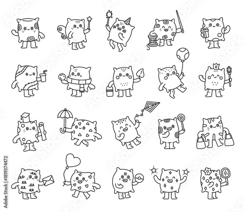 Pillow character set in outline line art showing different emotions and poses including fairy, party hat, graduation cap, umbrella, balloon, kite, lollipop, handbag, mirror, donut