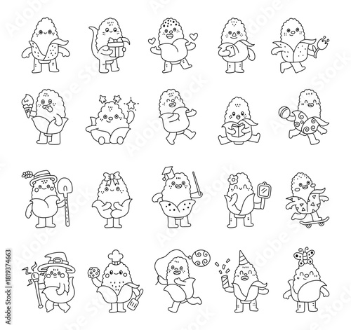 Corn character set in outline line art with emotions and different poses including birthday, celebration, valentine, cooking, reading, holding gift, ball, book, balloon, spatula