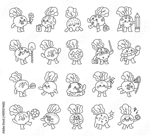 Beet character set in outline line art with different emotions poses activities holding flower, book, pointer, pencil, donut, snowball, handbag, smartphone and shovel