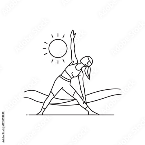 Woman practicing yoga in triangle pose outdoors under the sun, line art illustration for health and wellness